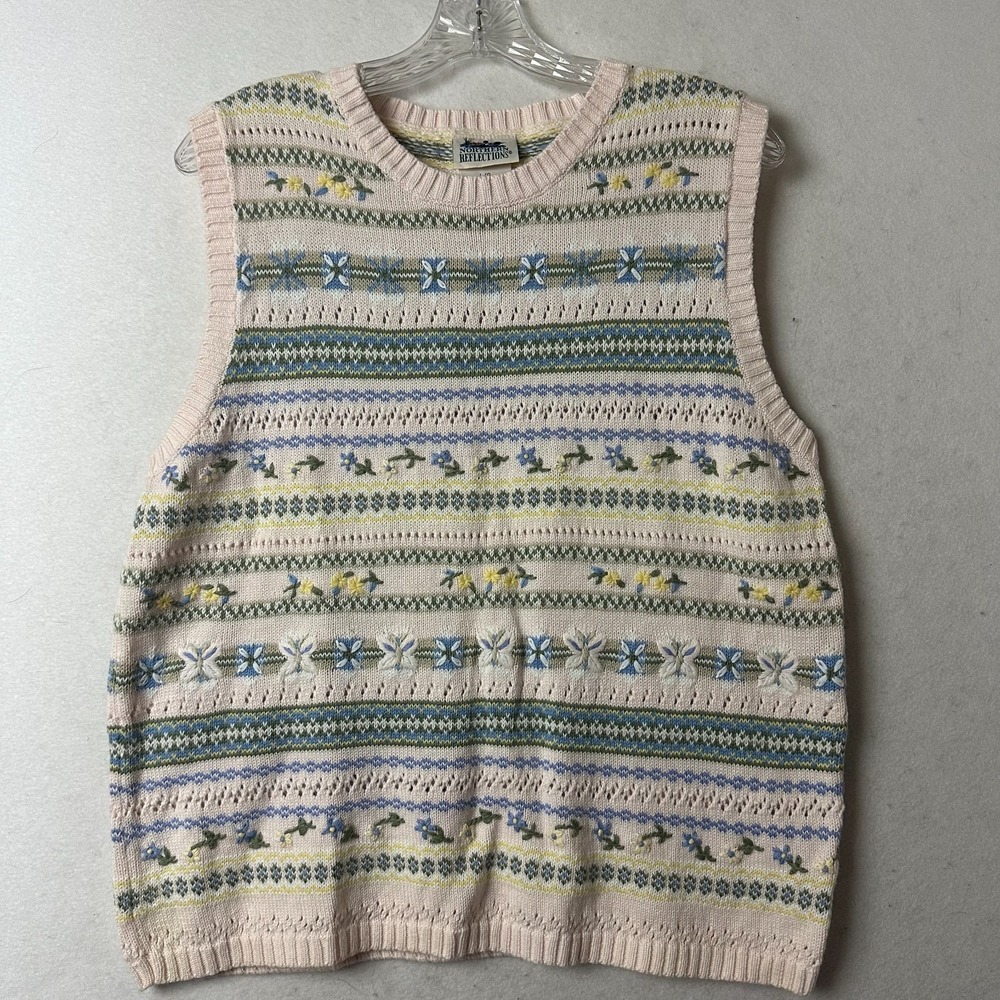 Northern Reflections Vintage Floral Knit Sweater Vest Pink‎ Ramie Cotton Large